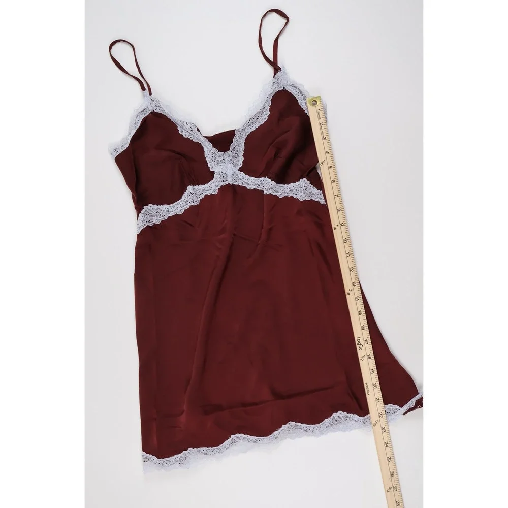 Overslept by Aerie Lace Trim Satin Chemise Nightgown Burgundy Red Small NWT